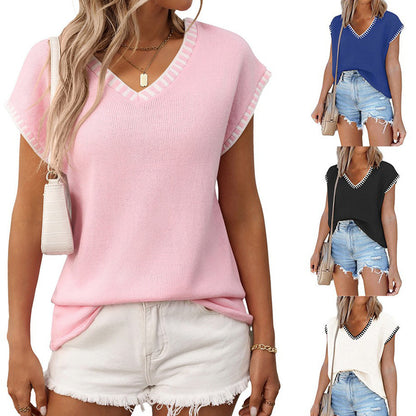Women's Solid Cap-sleeve Knitted Pullover Top