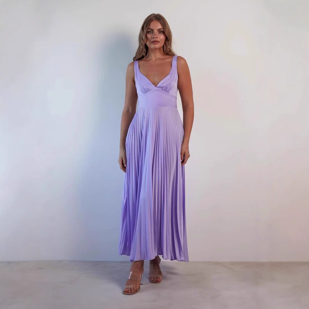 Fashion Women's Wear Pleated V-neck Sling Dress